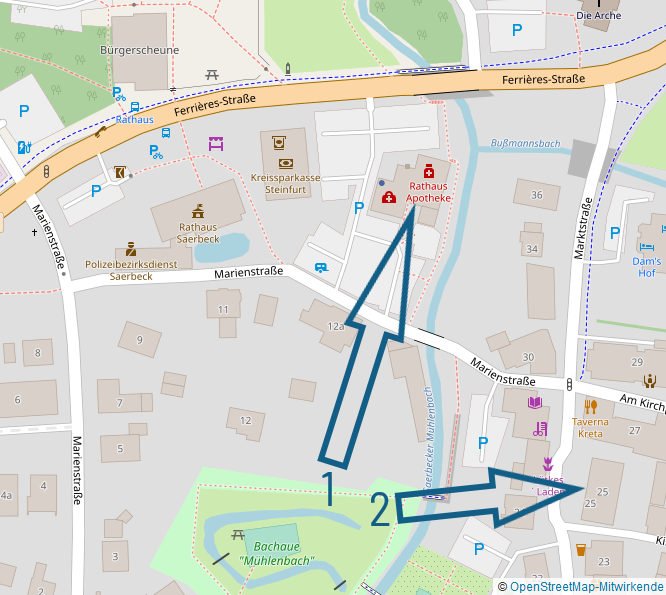 Karte mit Markierungen für die Praxis in der Ferrières-Straße 5 und den Gruppentherapieraum in der Marktstraße 25 in Saerbeck